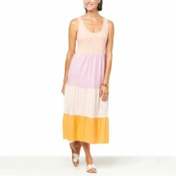 Deals 👍 G By Giuliana Colorblocked Slub Knit Tiered Midi 👗 Dress Soft Coral 🔔