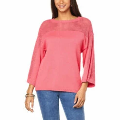 Top 10 😀 G By Giuliana Open Knit Crochet Sweater Pink Burst 🌟