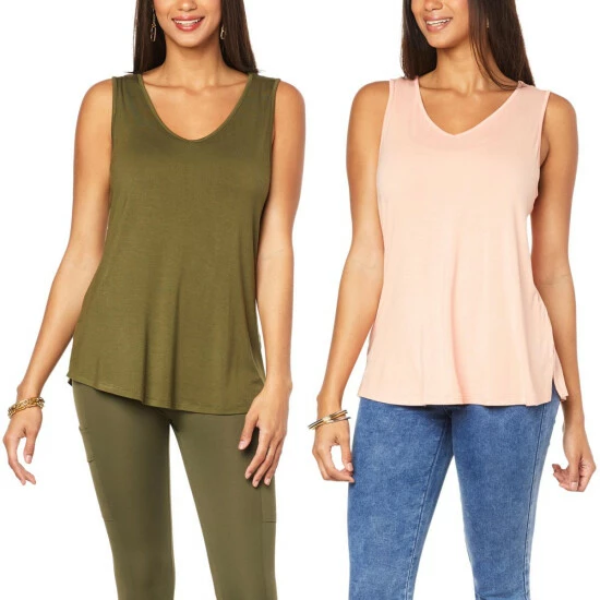 Flash Sale 😀 G By Giuliana 2-pack EcoLuxe Jersey Knit V-Neck Tanks Olive Night/soft Coral 👏 3 Flash Sale 😀 G By Giuliana 2-pack EcoLuxe Jersey Knit V-Neck Tanks Olive Night/soft Coral 👏