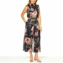 Best Pirce 🎁 G By Giuliana Mock Neck Knit Jumpsuit Black Floral ⭐