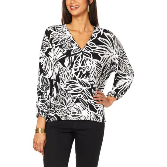 Best Pirce ❤️ G By Giuliana EcoLuxe Half-Tuck Wrap Top Black Tropical 😀 6 Best Pirce ❤️ G By Giuliana EcoLuxe Half-Tuck Wrap Top Black Tropical 😀 - Image 4