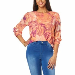 Budget 🎁 G By Giuliana Floral Print Smocked-Sleeve Mesh Knit Top Olive Floral 💯 -G by GIULIANA Sales Store unnamed file 1208