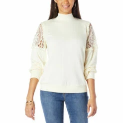 Brand new ๐งจ G By Giuliana Ribbons And Lace French Terry Long-Sleeve Top Olive Night โญ