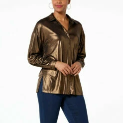 Cheapest 👏 G By Giuliana Black Label Liquid Shine Buttoned 👚 Shirt Bronze 🥰