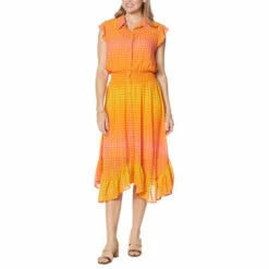 Discount ✔️ G By Giuliana Printed Chiffon Button-Front 👗 Dress Turquoise Gingham 👍 -G by GIULIANA Sales Store unnamed file 2537