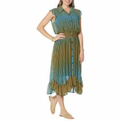 Discount ✔️ G By Giuliana Printed Chiffon Button-Front 👗 Dress Turquoise Gingham 👍 -G by GIULIANA Sales Store unnamed file 2540
