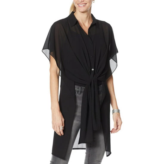 Budget โจ G By Giuliana Chiffon Tie-Front Tunic Black Banana Leaf ๐ 5 Budget โจ G By Giuliana Chiffon Tie-Front Tunic Black Banana Leaf ๐ - Image 3