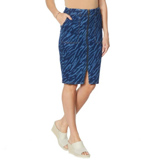 Budget 💯 G By Giuliana Zip-Front Printed Denim 👗 Skirt Medium Wash Tiger ✔️ 3 Budget 💯 G By Giuliana Zip-Front Printed Denim 👗 Skirt Medium Wash Tiger ✔️