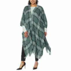 Best Pirce ⌛ G By Giuliana Plaid Bouclé Duster-Length Cardigan Poncho Mallard Green 🤩 -G by GIULIANA Sales Store unnamed file 2942