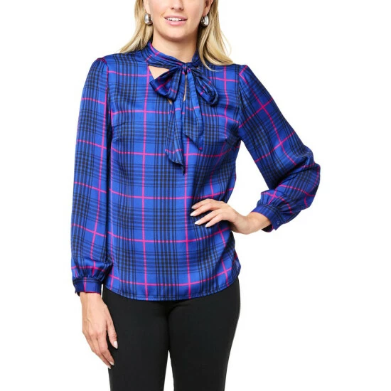 Cheap 🎉 "As Is" G By Giuliana Black Label Plaid Satin Neck-Tie Blouse 🌟 3 Cheap 🎉 "As Is" G By Giuliana Black Label Plaid Satin Neck-Tie Blouse 🌟