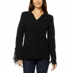 Cheap 💯 "As Is" G By Giuliana Black Label Cable Knit Polo Sweater With Fringe ✔️