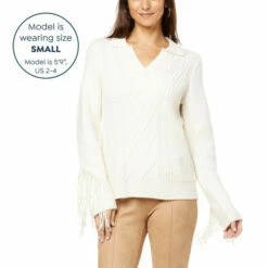 Hot Sale 🧨 G By Giuliana Black Label Cable Knit Polo Sweater With Fringe 😀 -G by GIULIANA Sales Store unnamed file 493