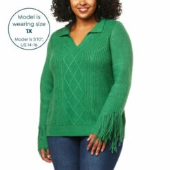 Hot Sale 🧨 G By Giuliana Black Label Cable Knit Polo Sweater With Fringe 😀 -G by GIULIANA Sales Store unnamed file 495