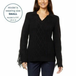 Hot Sale 🧨 G By Giuliana Black Label Cable Knit Polo Sweater With Fringe 😀 -G by GIULIANA Sales Store unnamed file 496