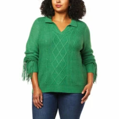 Hot Sale 🧨 G By Giuliana Black Label Cable Knit Polo Sweater With Fringe 😀 -G by GIULIANA Sales Store unnamed file 497