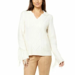 Hot Sale 🧨 G By Giuliana Black Label Cable Knit Polo Sweater With Fringe 😀 -G by GIULIANA Sales Store unnamed file 499