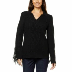 Hot Sale 🧨 G By Giuliana Black Label Cable Knit Polo Sweater With Fringe 😀 -G by GIULIANA Sales Store unnamed file 500