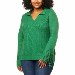 Hot Sale 🧨 G By Giuliana Black Label Cable Knit Polo Sweater With Fringe 😀 -G by GIULIANA Sales Store unnamed file 501