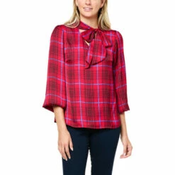 New 🌟 G By Giuliana Black Label Plaid Satin Neck-Tie Blouse Sapphire Plaid 🤩