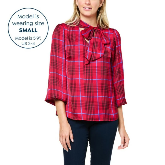 New 🌟 G By Giuliana Black Label Plaid Satin Neck-Tie Blouse Sapphire Plaid 🤩 7 New 🌟 G By Giuliana Black Label Plaid Satin Neck-Tie Blouse Sapphire Plaid 🤩 - Image 5