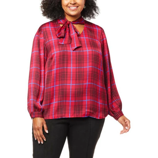 New 🌟 G By Giuliana Black Label Plaid Satin Neck-Tie Blouse Sapphire Plaid 🤩 8 New 🌟 G By Giuliana Black Label Plaid Satin Neck-Tie Blouse Sapphire Plaid 🤩 - Image 6