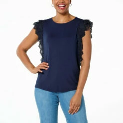 Hot Sale ⌛ G By Giuliana Crochet Flutter Sleeve EcoLuxe Tee Black 🤩